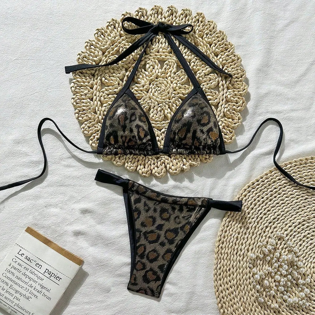 Shiny Brozing Wine Leopard Print Bikini Women Sexy Push Up Bra Pleate Triangle Swimsuit 2026 Beach Bathing Suit Holiday Swimwear