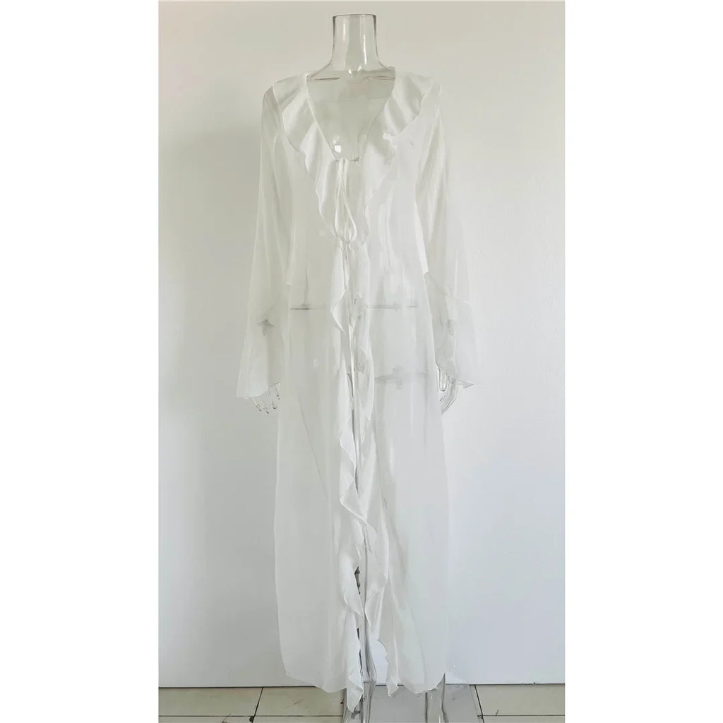 Women's V Neck Ruffled Long Sleeve Dress Chiffon Tunic Beach Cover Up Cover-ups Beach Dress Sunscreen Beachwear Vacation V5976B