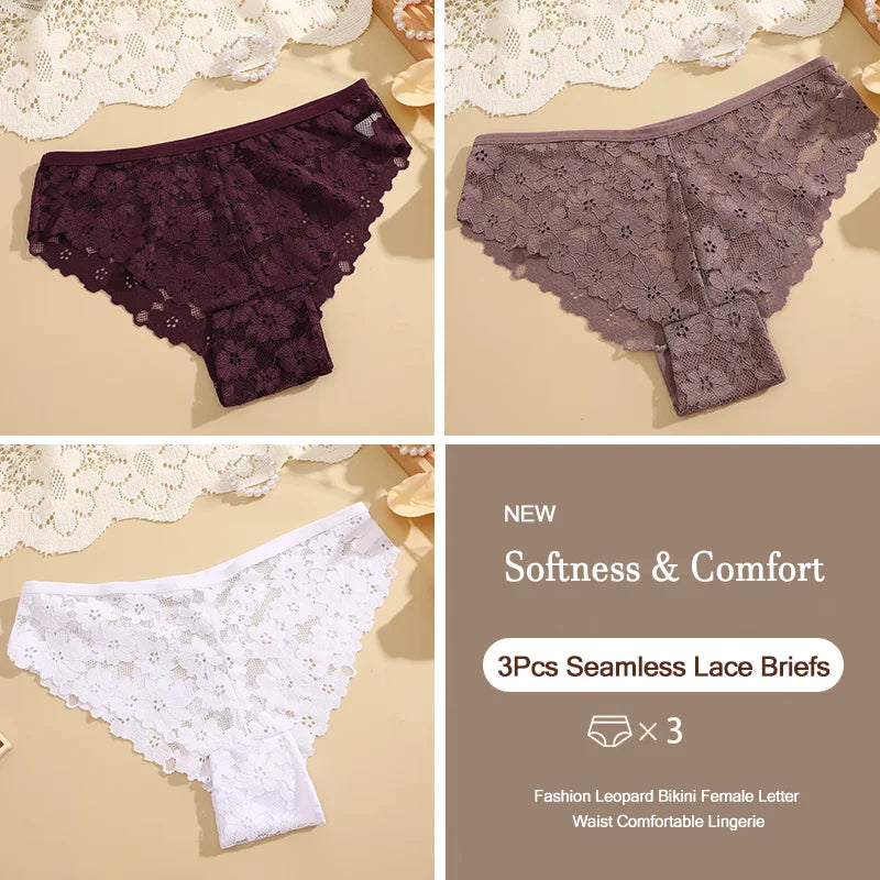 3Pcs Lace Sexy Transparent Panty Women's Panties Sexy Breathable Pink-Brown Series Underwear Female Low Waist Soild Lingerie