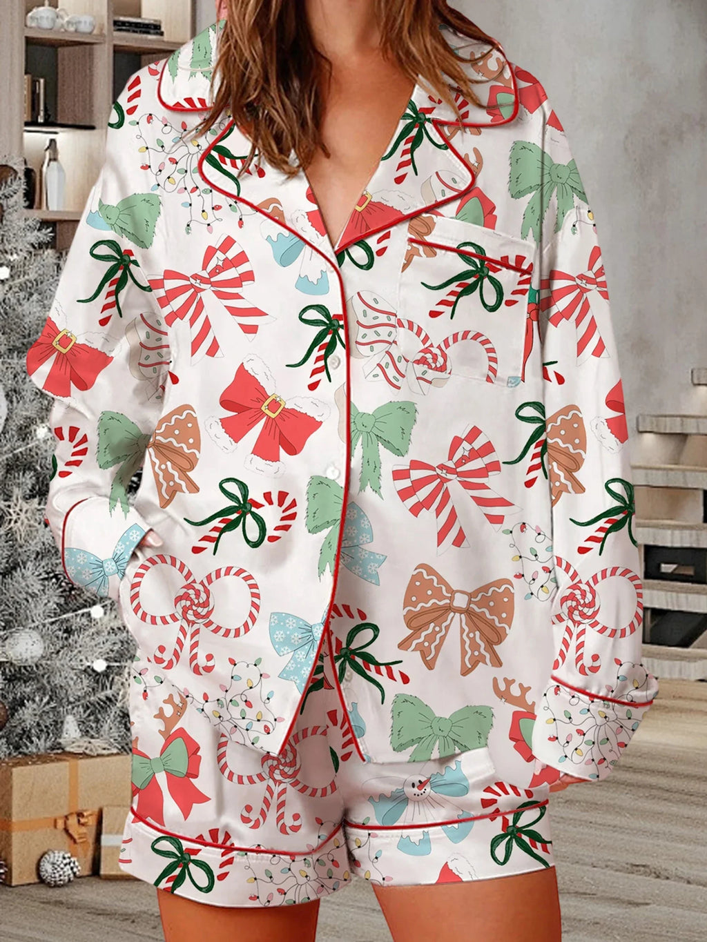 Women's 2025 Satin Christmas Pajama Set Long Sleeve Lapel Bow Print Shirt Wide Leg Shorts Loose Two Pieces Sleepwear