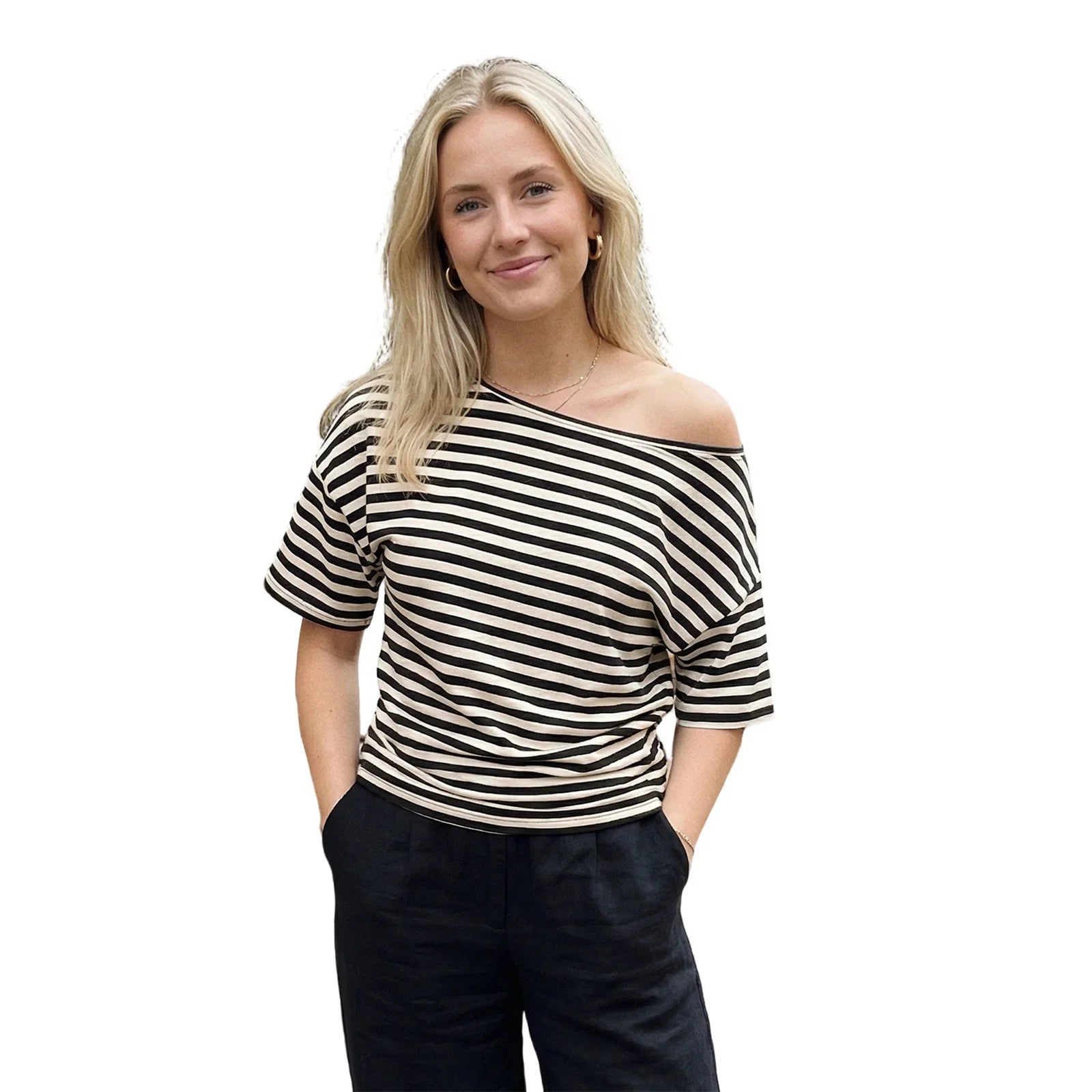 Women Elegant Summer Off One Shoulder Tops Striped Short Sleeve Loose Fit Basic T Shirts for Daily Wear
