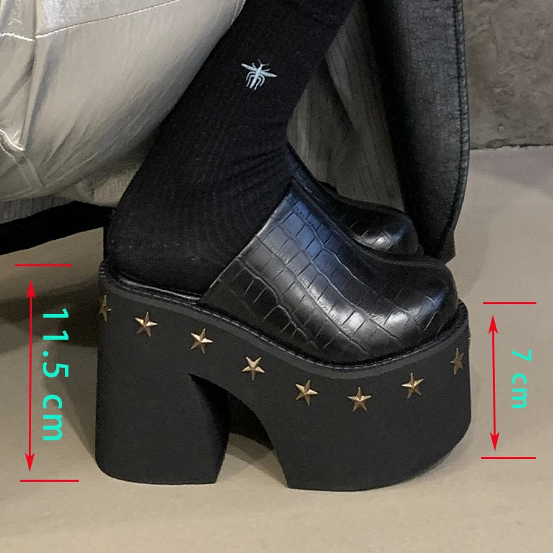 11cm PU Leather Women Fashion High Heels Pumps Platform Wedge Summer Black Round Big Toe Ladies Sandals Big Size Slippers Shoes