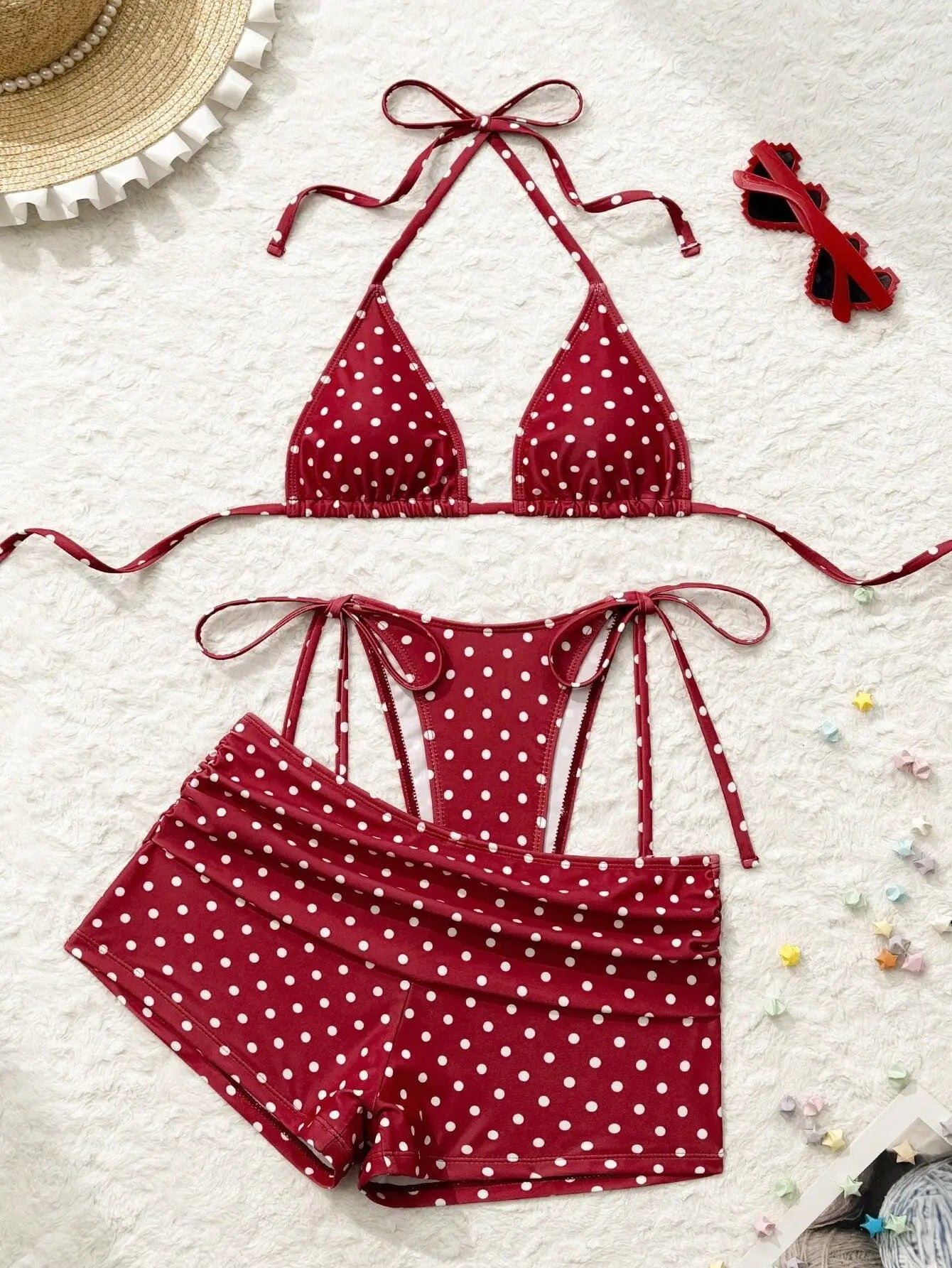 With Shorts Polka Dot Halter Mini Micro Thong Bikini Female Swimsuit Women Swimwear Three-pieces Bikini Set Bathing Suit Swim