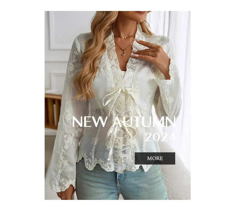 Phantasy Floral Embroidery Blouse Women Long Sleeve Loose Tunic Shirt Vintage Blouse Y2K White Tops Fashion Female Streetwear