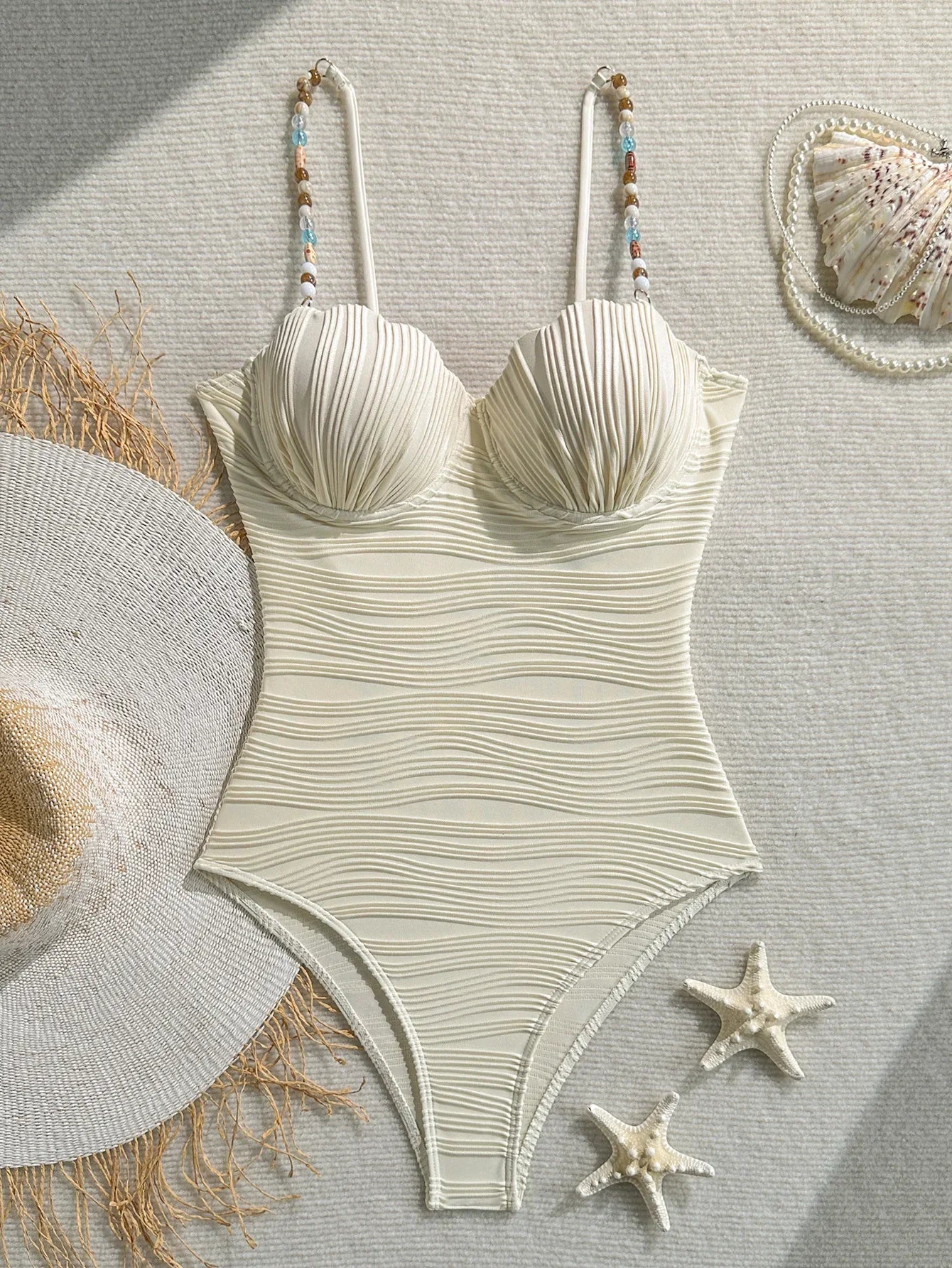 Shell Underwired Wrinkled Beads One Piece Swimsuit Women Swimwear Female High Leg Cut Monokini Bather Bathing Suit Swim Bodysuit