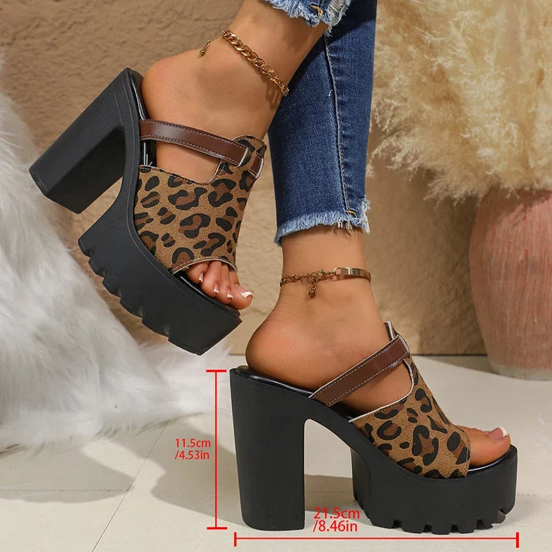 Leopard Print Chunky Platform Sandals for Women 2026 Summer Slip On Super High Heels Sandals Woman Plus Size 43 Fashion Slippers