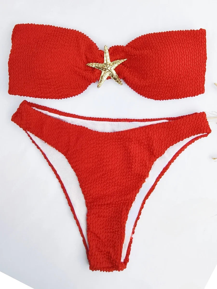 2026 Bandeau Bikinis Starfish Swimsuit Women Sexy Padded Swimwear Female Solid Beachwear Bathers Bathing Swimming Swim Suit