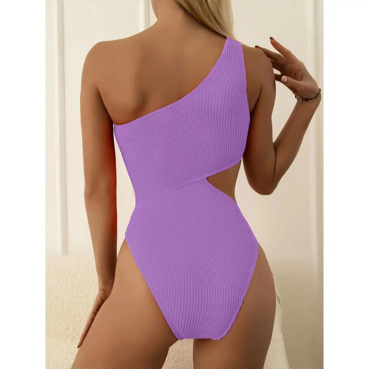 2024 New One Shoulder Women's Swimsuit One Piece Cut Out Sexy Swimwear Women Textured Monokini Solid Bathing Suit Beach Wear