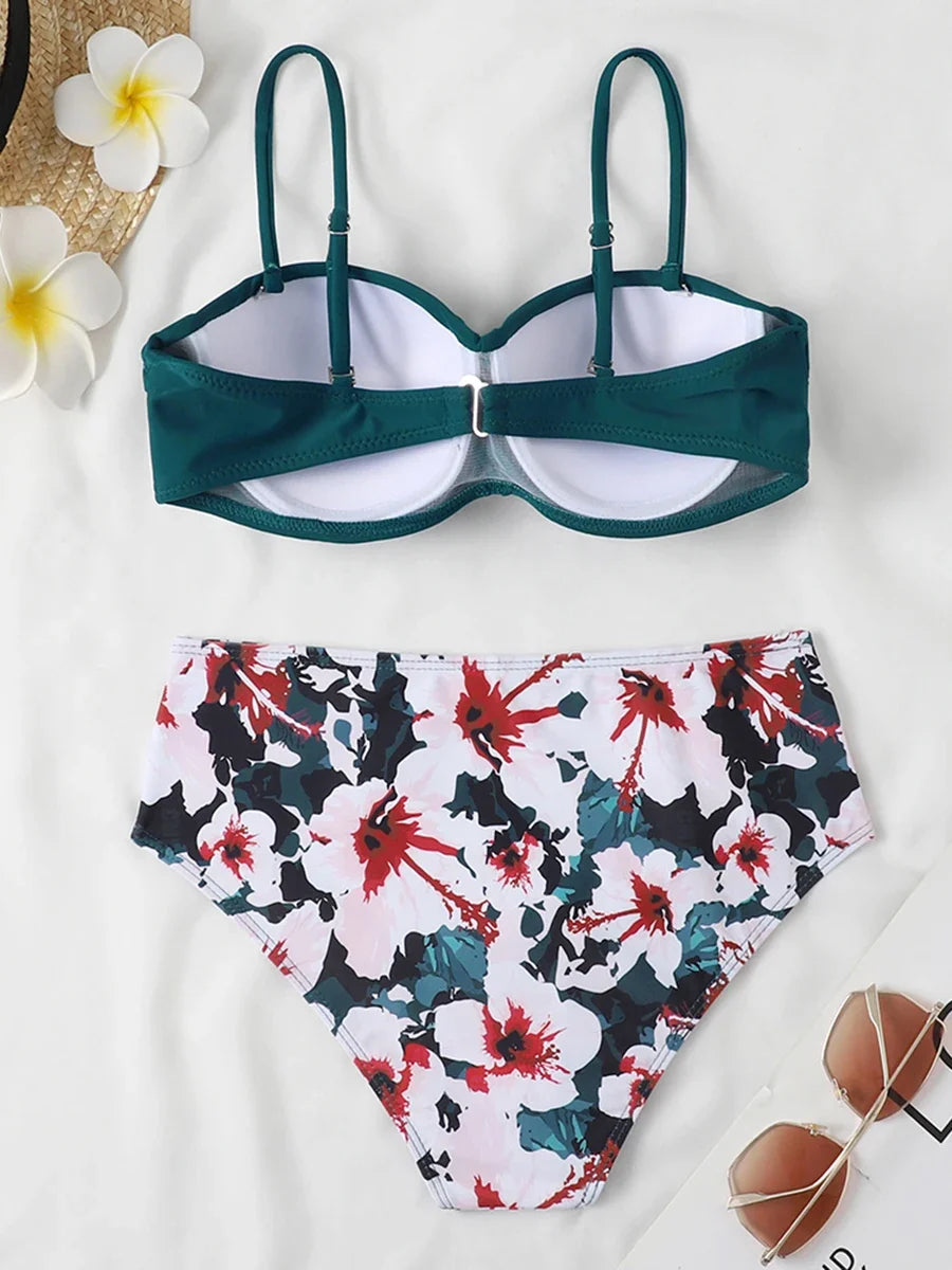 2026 Bandeau Swimsuit Women High Waist Bikini Printed Swimwear Female Padded Bathers Bathing Swimming Swim Suit Beachwear