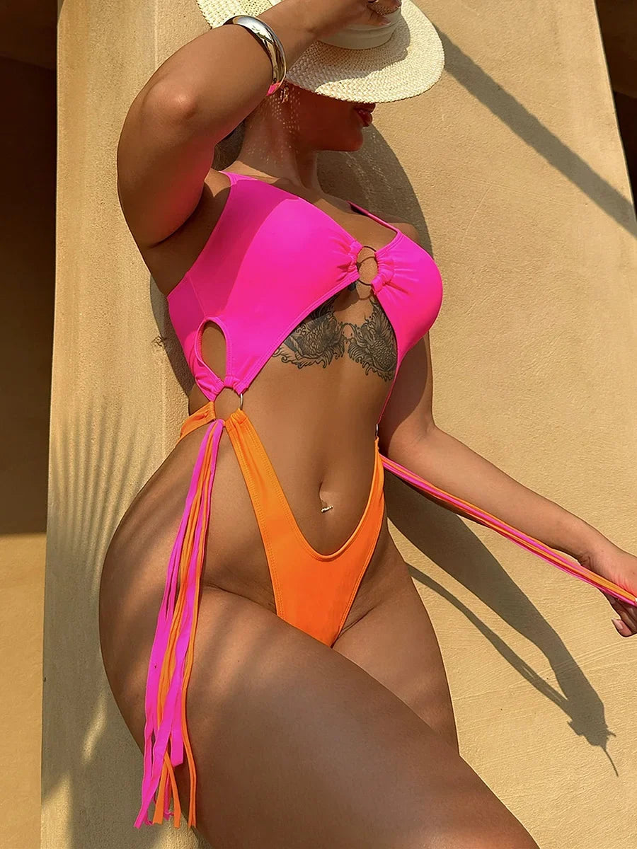 Splicing High Cut Out One Piece Swimsuit Women Tassel Swimwear Female Sexy Bathing Suit String Leopard Bikini 2025 Monokini Lady