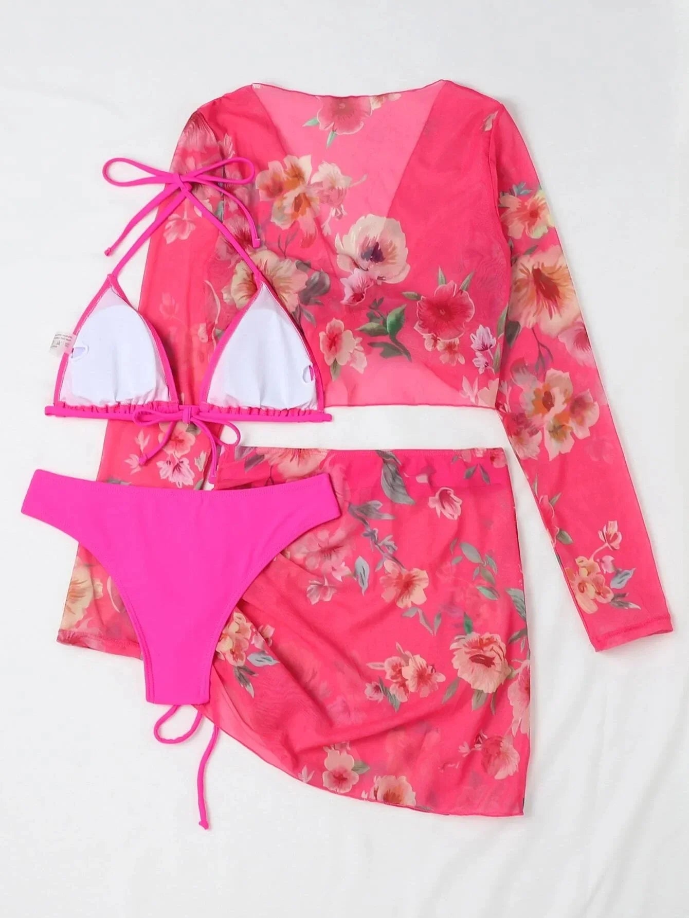 2026 Summer Women's 4 Pieces Suit Swimwear Neck Lace-up Bikini Set+crop Top+skirts Floral Print Gauze Swimsuit Beachwear Biquini