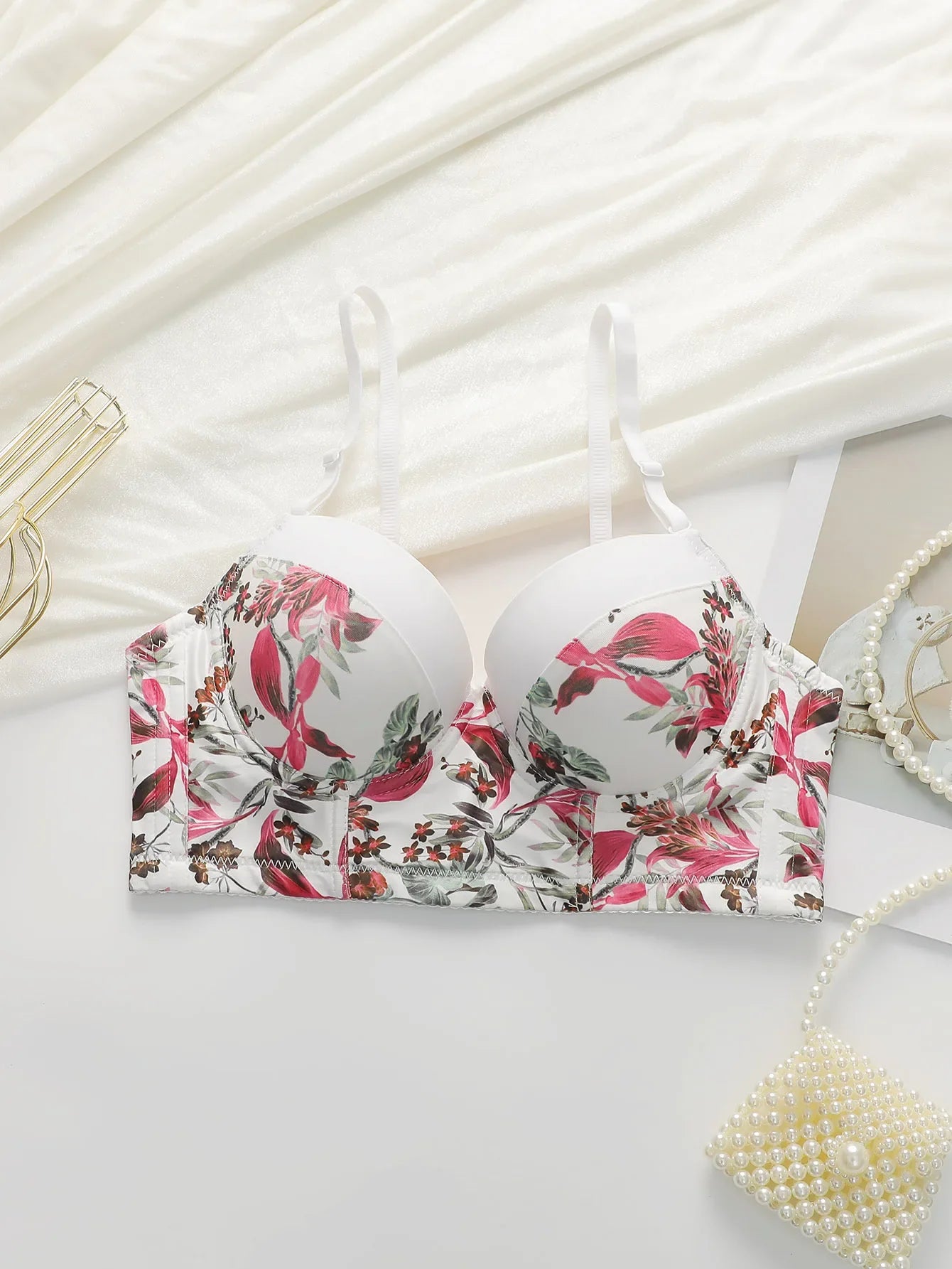 Floral Print Push Up Corset Bra For Women Sexy Longline Bustier Top Underwire Lingerie With Adjustable Straps B6060