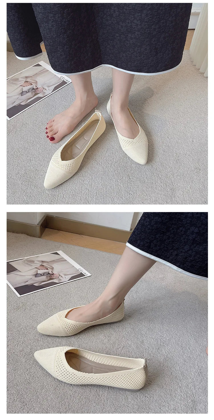 2025 Women Pointed Toe Flats Breathable Fabric Spring Summer Flat Shoes Soft Sole Slip-on Girls Daily Walking Driving Loafers