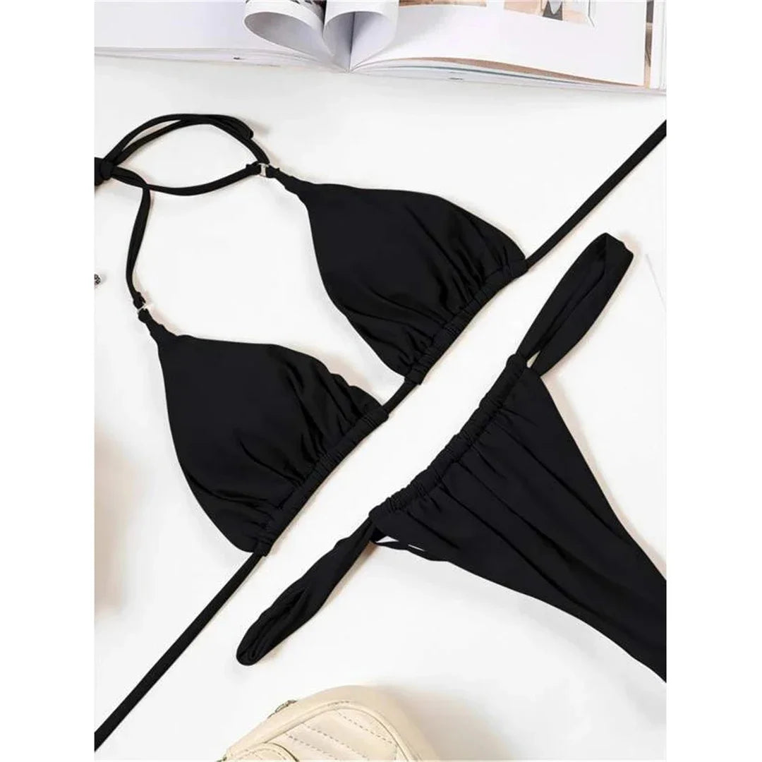 Wrinkled High Cut Mini Micro Thong Bikini Women Swimwear Female Swimsuit Two-pieces Bikini Set Halter Bather Bathing Suit Swim