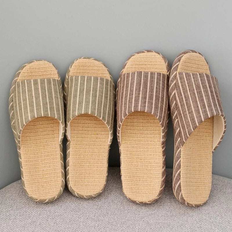 Breathable Linen Slippers For Women Men Summer House Shoes Striped Design Soft Sole Anti-Slip Couples Home Floor Cotton Slides