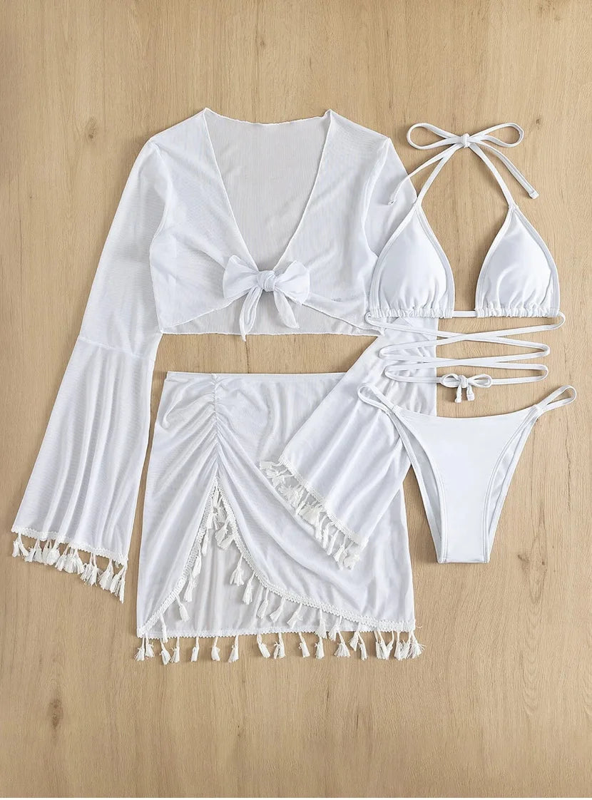 sexy 4pcs boho tassels trim bikinis sets ladies padded bikini set +cover up tops skirts beachwear bathing suit biquini monokini