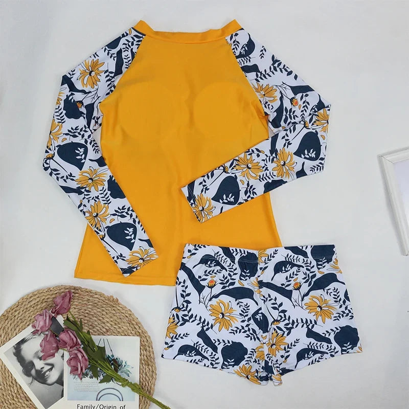 Women Two Pieces Vintage Print Rash Guard Swimwear Long Sleeve Shirt Shorts Surf Top Retro Print Running Shirt Split Swimsuit