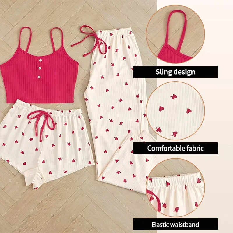 3 Pieces Pajamas Set Women Sleepwear Casual Heart-Shaped Printed Vest and Shorts and Pants Sets Homewear Pijamas