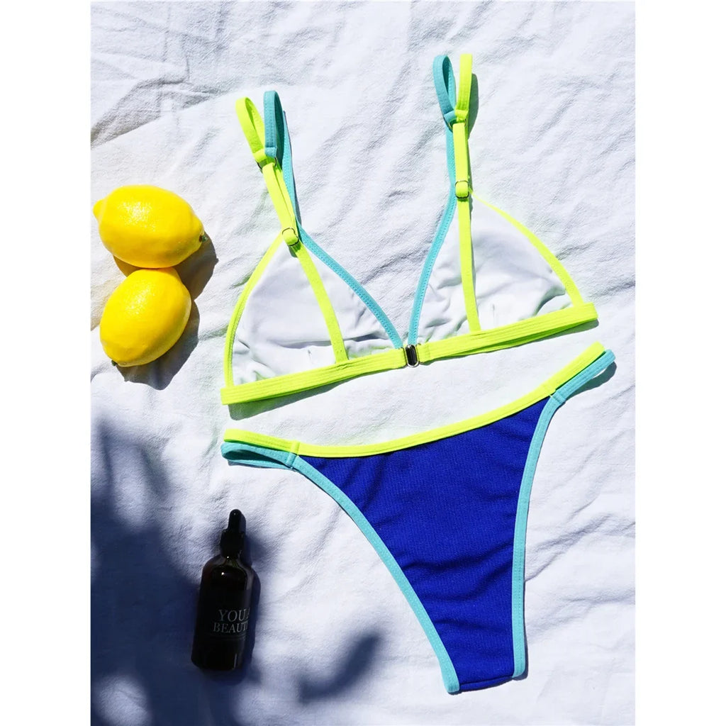 Sexy New Splicing High Leg Cut Bikini Female Swimsuit Women Swimwear Two-Pieces Bikini Set Bather Bathing Suit Swim Lady V3781