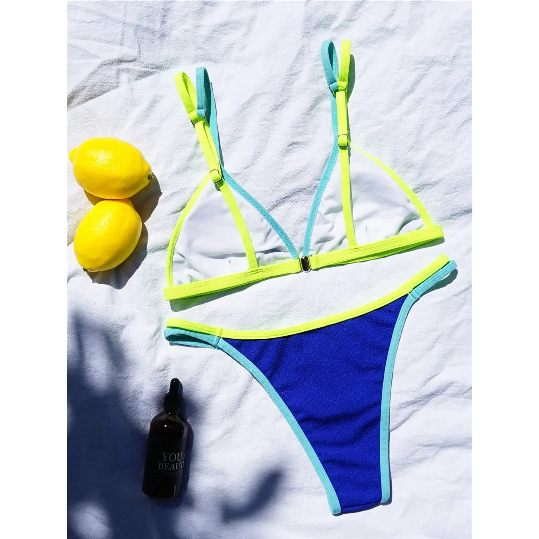 Sexy New Splicing High Leg Cut Bikini Female Swimsuit Women Swimwear Two-Pieces Bikini Set Bather Bathing Suit Swim Lady V3781