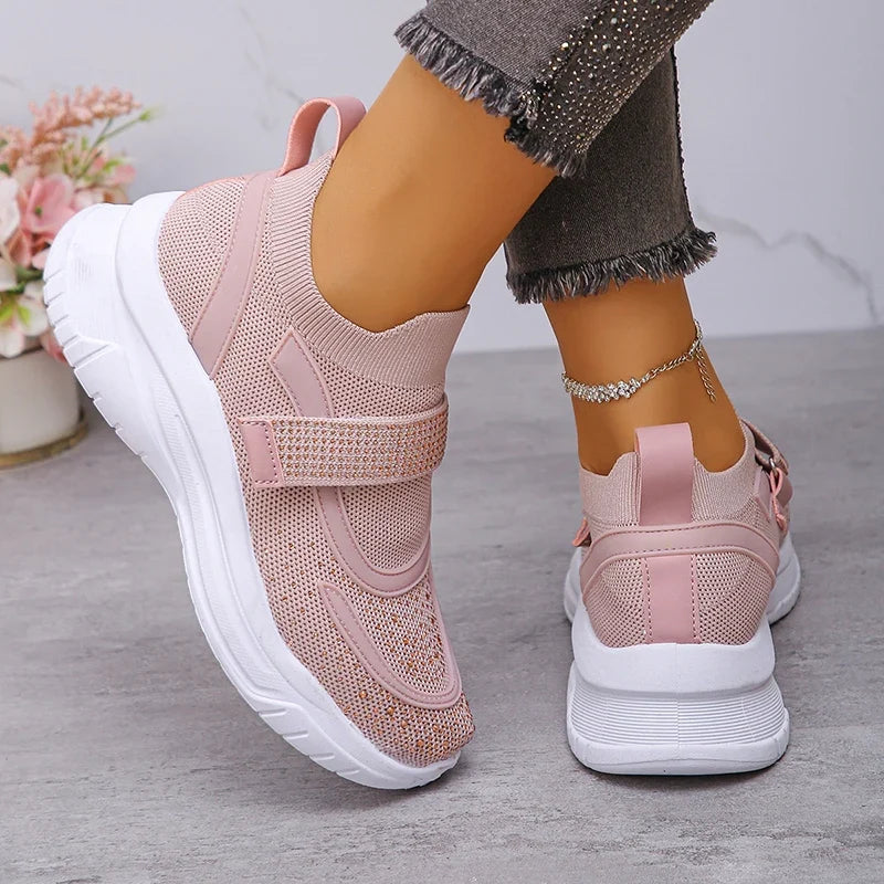 Shiny Crystal White Platform Sneakers Women Comfort Knitted Breathable Walking Shoes Woman Casual Non-Slip Sport Shoes Ladies