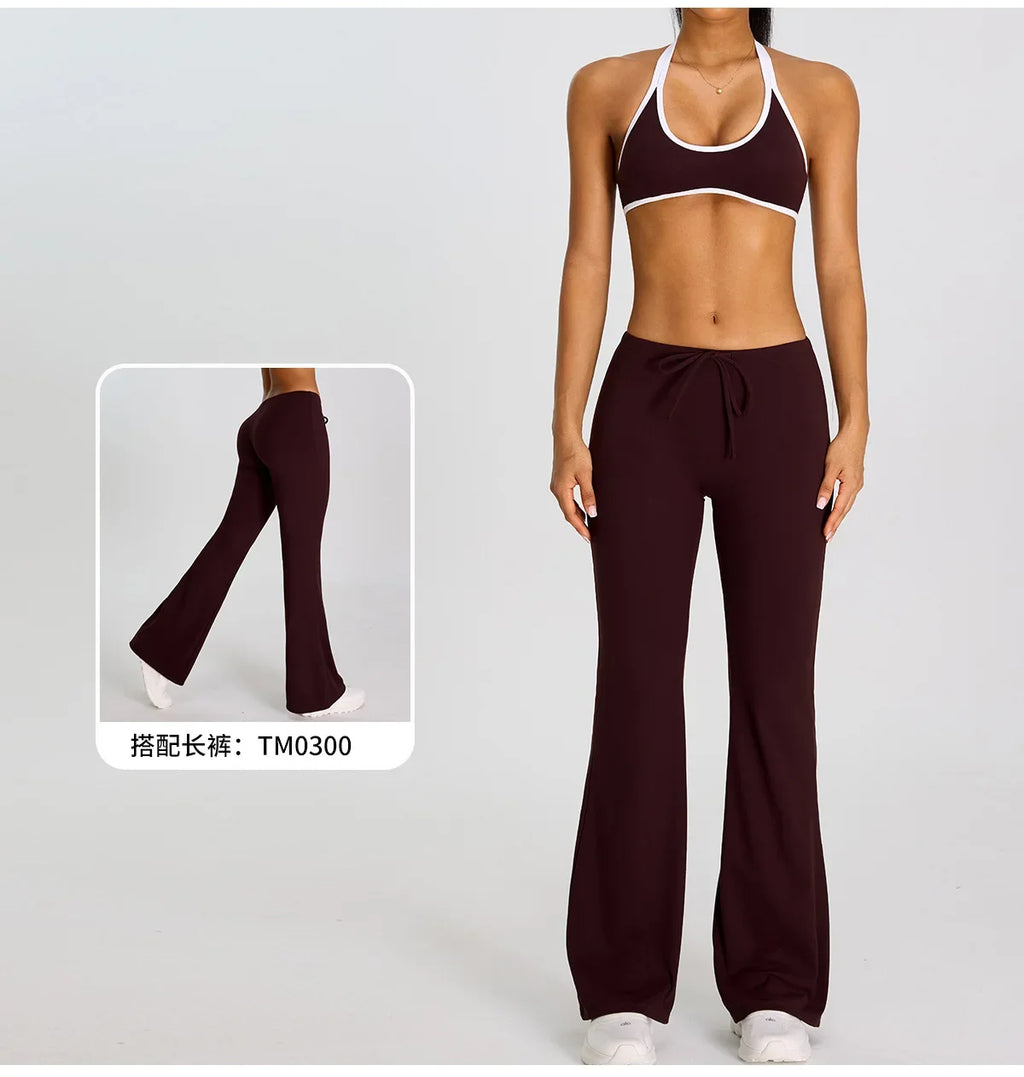 Breathable Yoga Suit for Women Color Contrast Shockproof Sports Bra Drawstring High Waist Pants Gym Running Fitness Suits