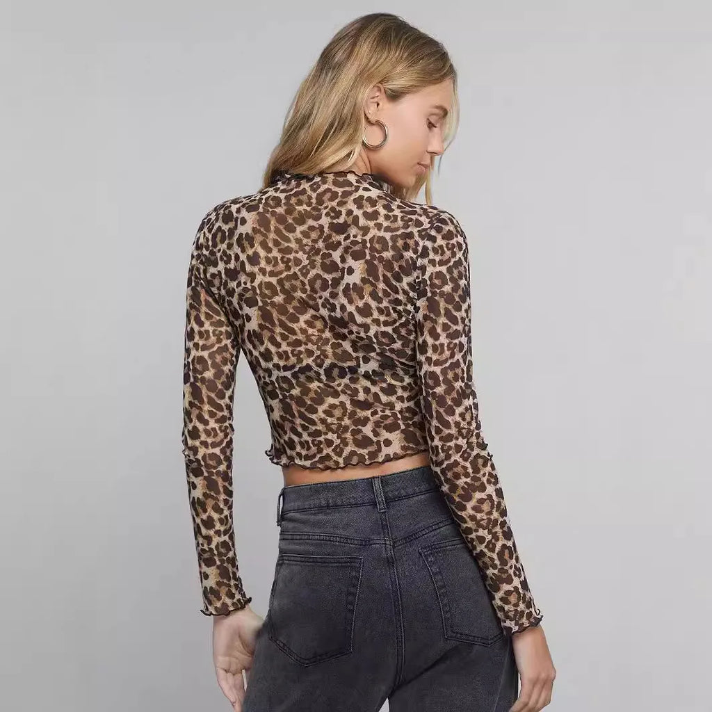 European American Women Mesh Leopard Print Tops Stand Collar Long Sleeve Short T Shirt Elegant Versatile Inner Blouse Daily Casu