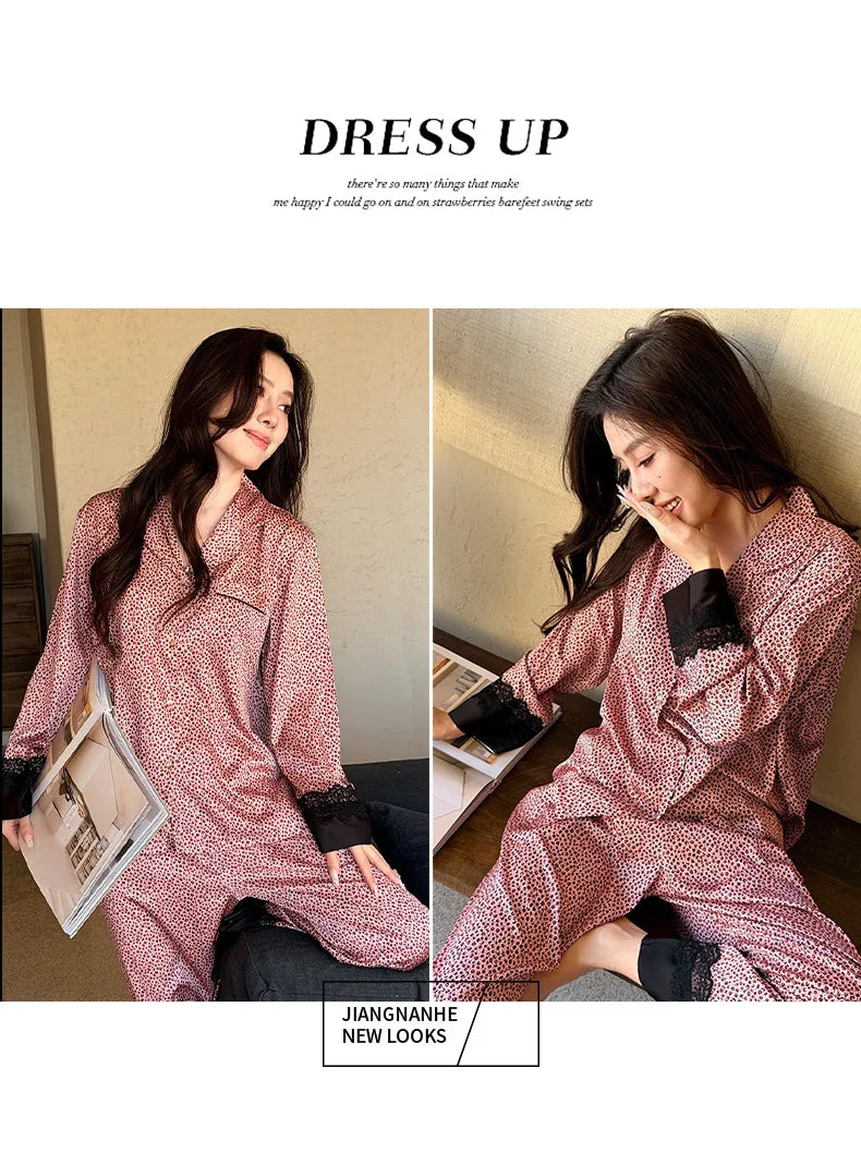2026 Pajamas for Women Ice Silk Sexy Lace Small Leopard Print Long Sleeve Home Clothes Pajamas Set Can Be Weared Outside
