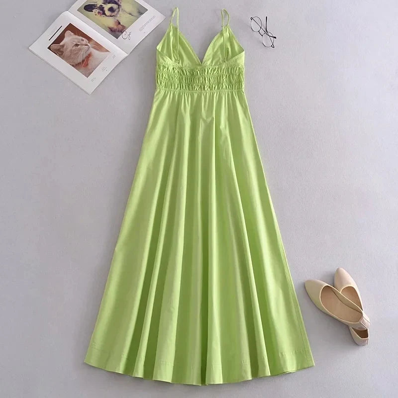 Foridol Elastic Smocking Green Cotton V Neck Summer Women's Dress Sleevless Long Green Maxi Casual Strapy Dress Solid Female