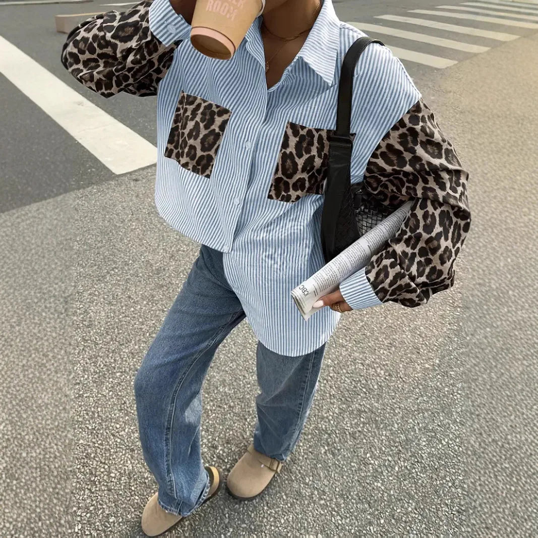 2026 New Women's Loose Casual Leopard Stripe Patchwork Long Sleeve Shirt with Pockets Turn Down Collar Blouse Top