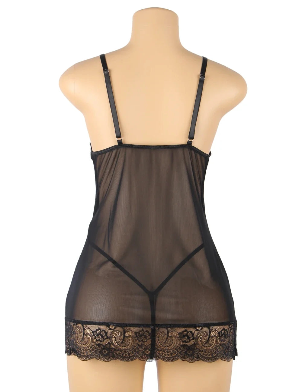 Sexy Women Mesh Printed Honeymoon Nightgown Lace Trim Adjustable Strap Sleep Dress Sheer Black Chemise Lingerie XS-L With Thong
