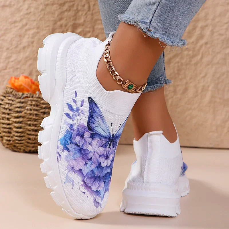 Fashion Butterfly Print Knit Sneakers for Women Breathable Mesh Platform Sneakers Shoes Woman Plus Size Thick Sole Walking Shoes