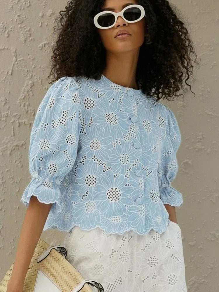 FFDYOUI Woman Clothing Embroidered Shirts Blue High Green Ladies O-neck Single Breasted Half Sleeve Cropped Tops Fashion Shirt