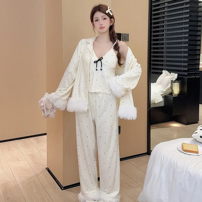 Fashionable Home Pajamas Three-piece Set Island Velvet Pajamas Spring and Autumn Suspenders Sexy Homewear Casual Suit