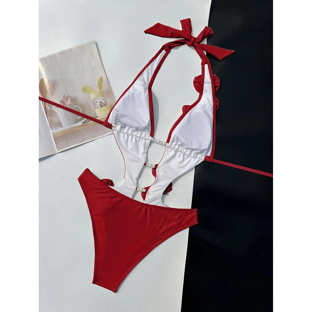 Sexy 3D Flowers Deep V Neck Halter Women Swimwear One Piece Swimsuit Female High Cut Leg Monokini Bather Bathing Suit Swim V6986
