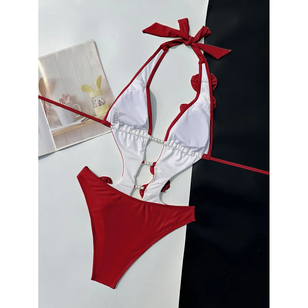 Sexy 3D Flowers Deep V Neck Halter Women Swimwear One Piece Swimsuit Female High Cut Leg Monokini Bather Bathing Suit Swim V6986