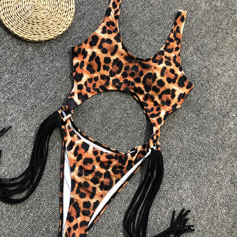 DEKA Long Tassel One Piece Swimwear Hollow Out Women Backless Swimming Suit Cut Out Halter Cross Swimsuit Female Beachwe Bathing