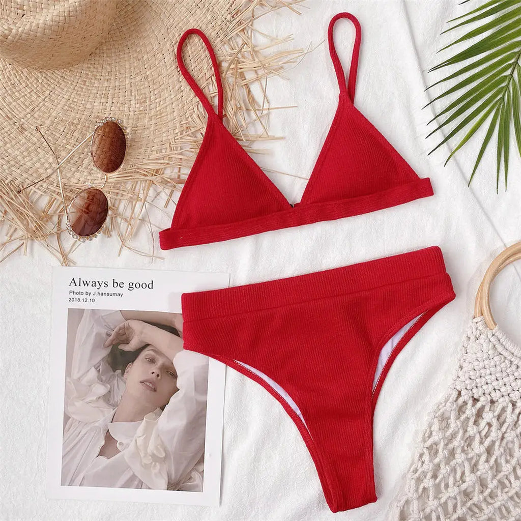 S - XL Sexy Female Swimsuit High Waist Bikini Women Swimwear Two-Pieces Bikini Set Ribbed Bather Bathing Suit Swim V2328