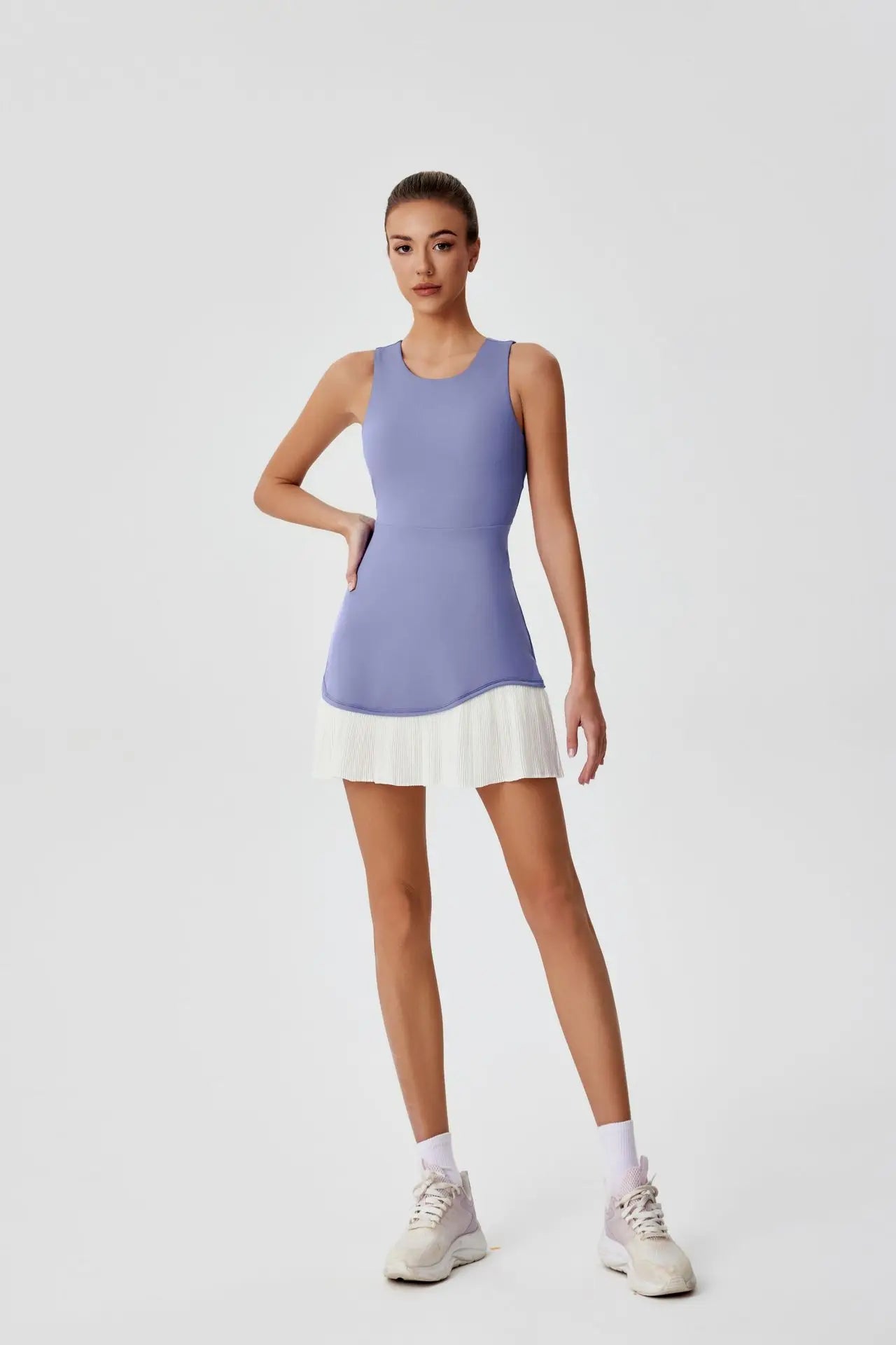 Women One-piece Tennis Dress Summer Black Contrast Pleated Anti Light Speed Dry Sports Dresses Hollowed Out Back Yoga Clothes