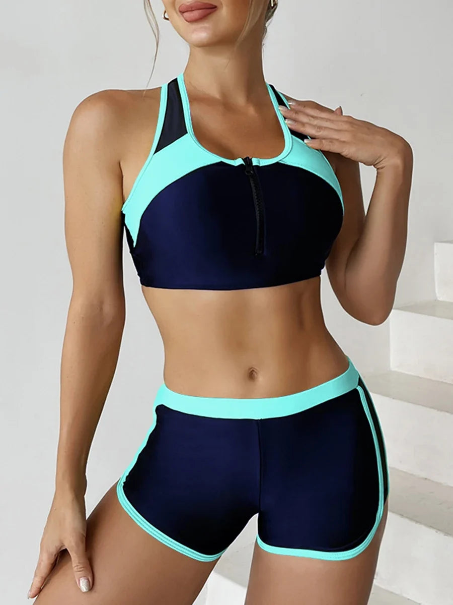 2026 Zipper Bikini Set Two Piece Swimsuit Women With Shorts Sports Swimwear Female Bathing Swimming Suit Beach Wear Summer