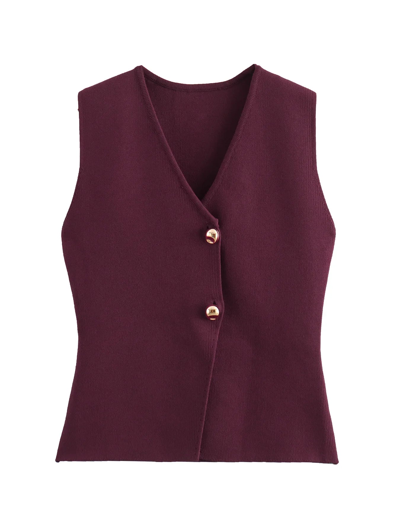 Foridol Gold Button Knitted Tank Top Women Autumn Winter Burgundy Short Vest Sleeveless V Neck Chic New Fashion Tops