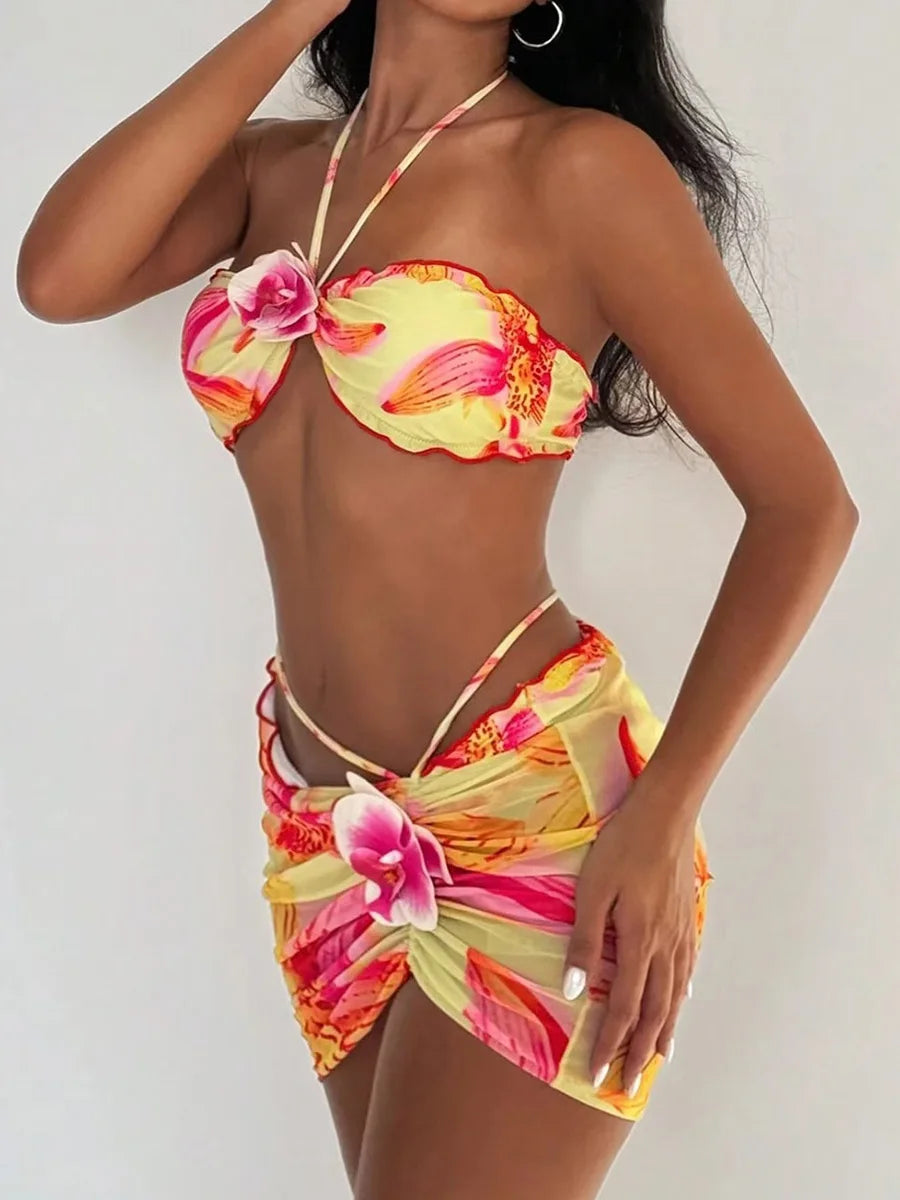 with Mesh Skirt 3D Flowers Halter Bandeau Bikini Female Swimsuit Women Swimwear Three-pieces Bikini Set Bathing Suit Beachwear