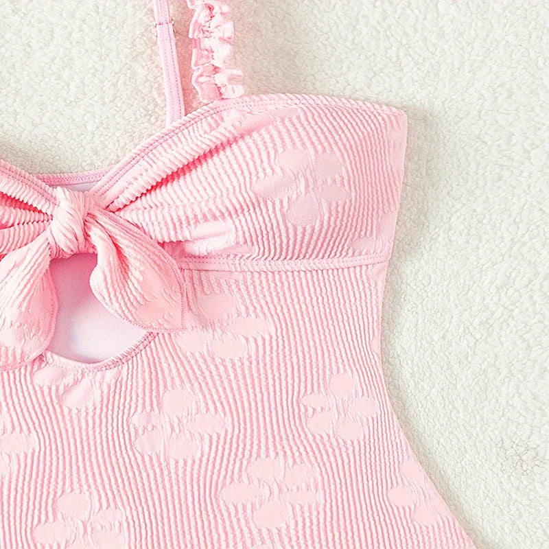 Light Pink One Piece Swimsuit for Women High Waist Hollow Out Ruffle Suspender Backless Monokini Bikini Beach Swimwear 2024 New