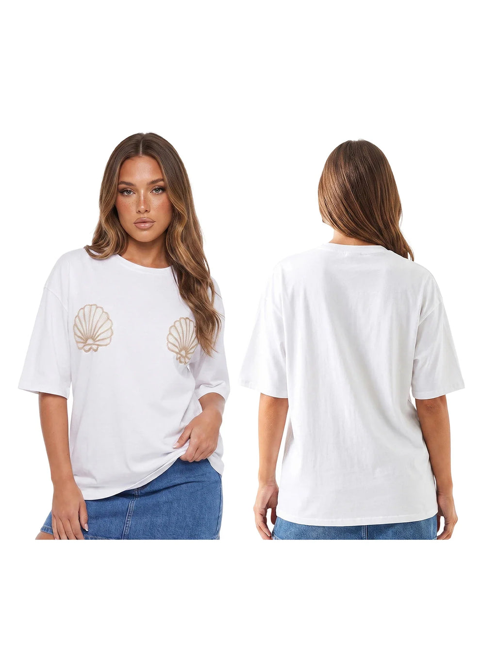 Women Oversized Short Sleeve T-shirt Sparkle Shell Embroidery Loose Shirts Summer Daily Casual Baggy Tops