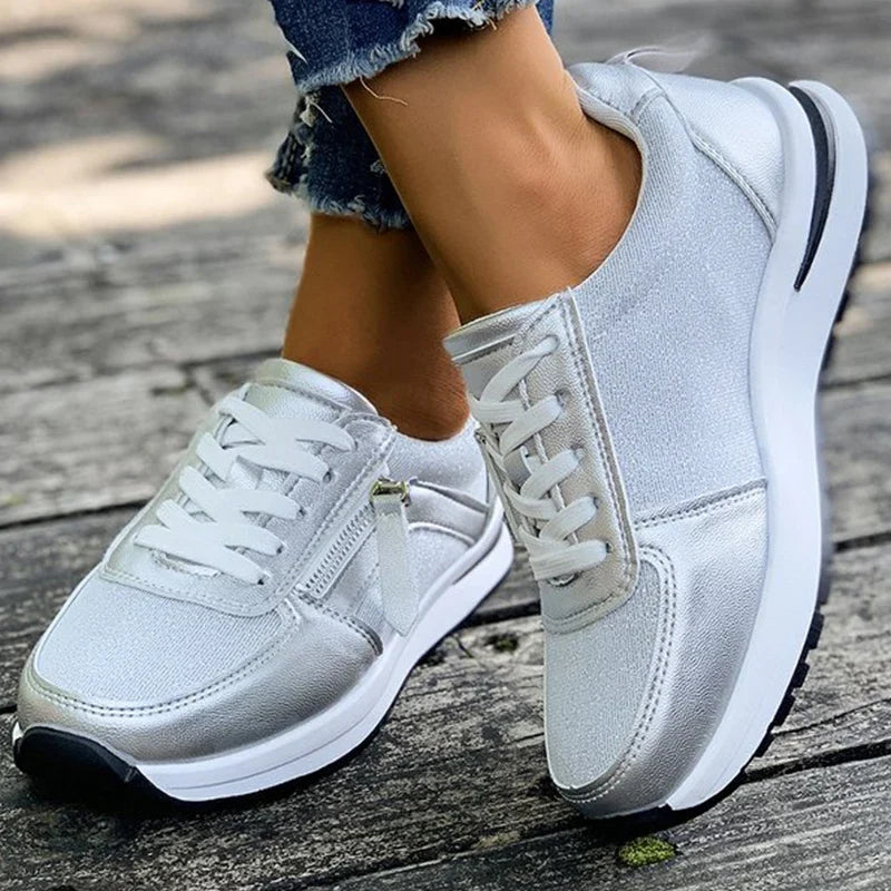 Casual Lace-Up Platform Sneakers for Women Autumn 2025 Solid Plus Size Shoes Woman Non-Slip Zip Female Sports Shoes