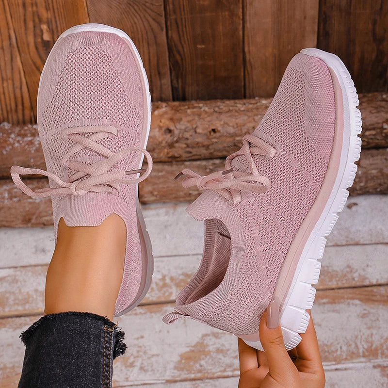 Breathable Mesh Sports Flat Shoes Women Plus Size 43 Slip On Knitted Platform Sneakers Woman Comfortable Soft Sole Running Shoes