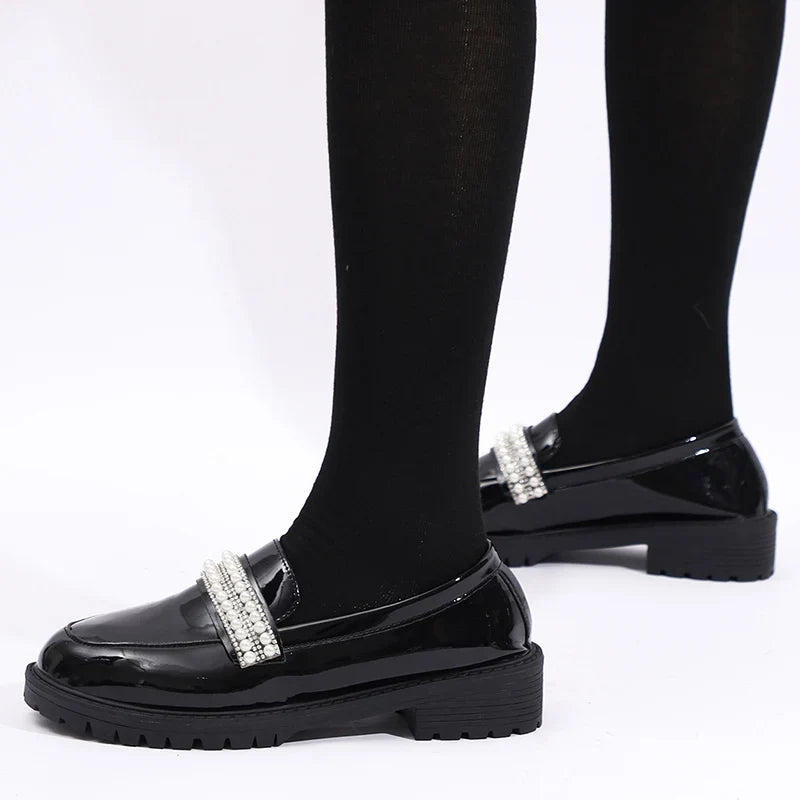 Fashion Pearls Decor Platform Loafers Women College Style Thick Heels Pu Leather Shoes Woman Plus Size 43 Student Shoes Female
