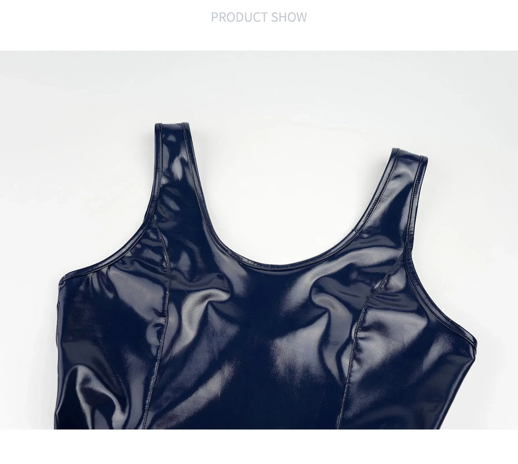 Japanese Anime School Swimsuit Women Sukumizu PU Leather One-Piece Bodysuit Jumpsuit Swimwear Lolita Style Bathing Suit