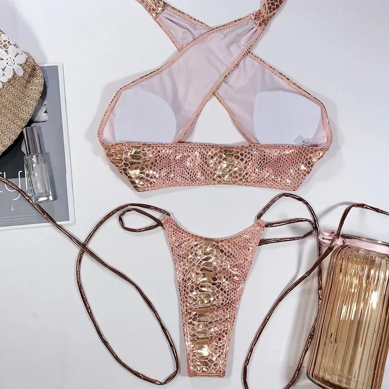 Snake Skin Mini Micro Thong Bikini Women Swimwear Female Swimsuit Two Pieces Bikini Set Halter Wrap Around Bathing Suit Swim