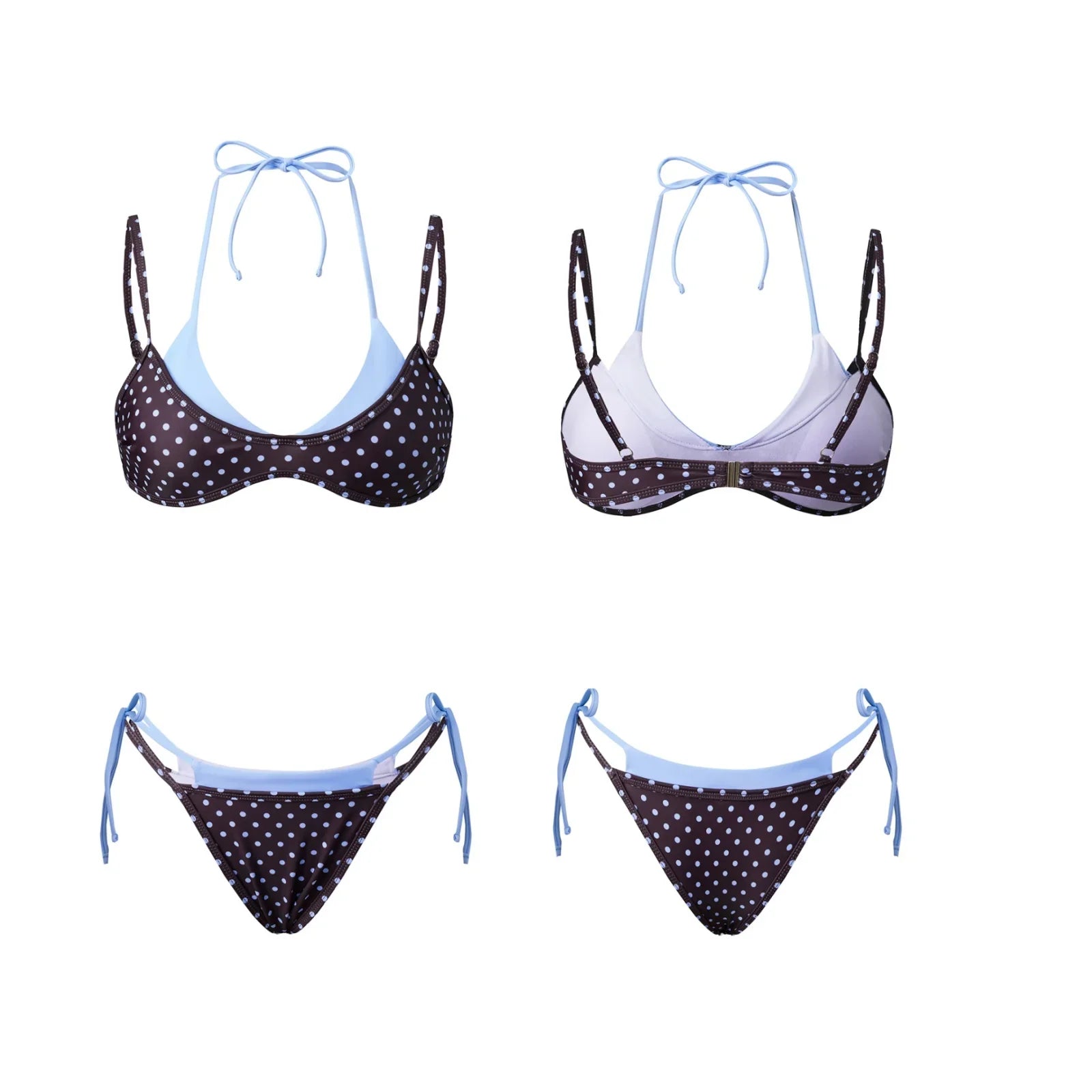 Women's Dot Print 2 Piece Bikini Sets Double Layered Halter Bra Side Tie-up Low Waist Shorts 2026 Summer Beach Pool Swimsuit